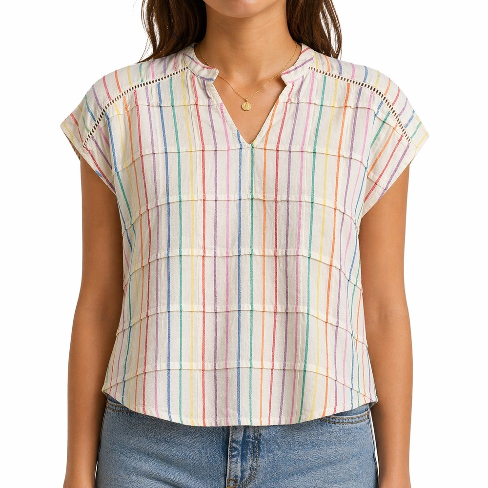 THML Rainbow Stripe 100% Cotton V-Neck Cap Sleeve Blouse Women's XS NWT